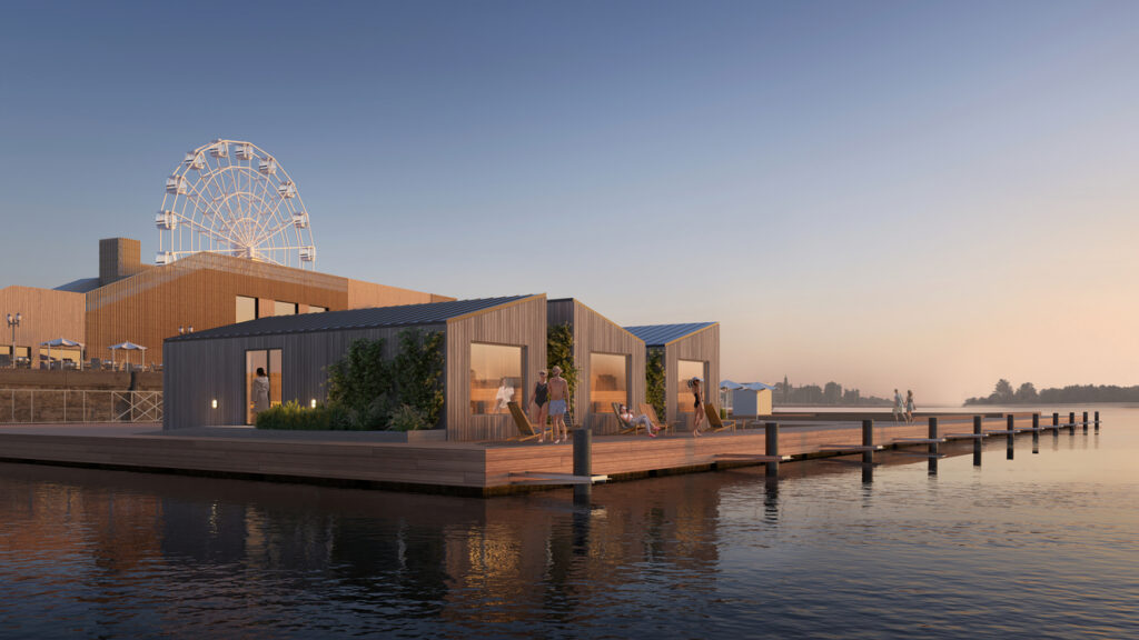 Three sauna buildings on a floating platform.