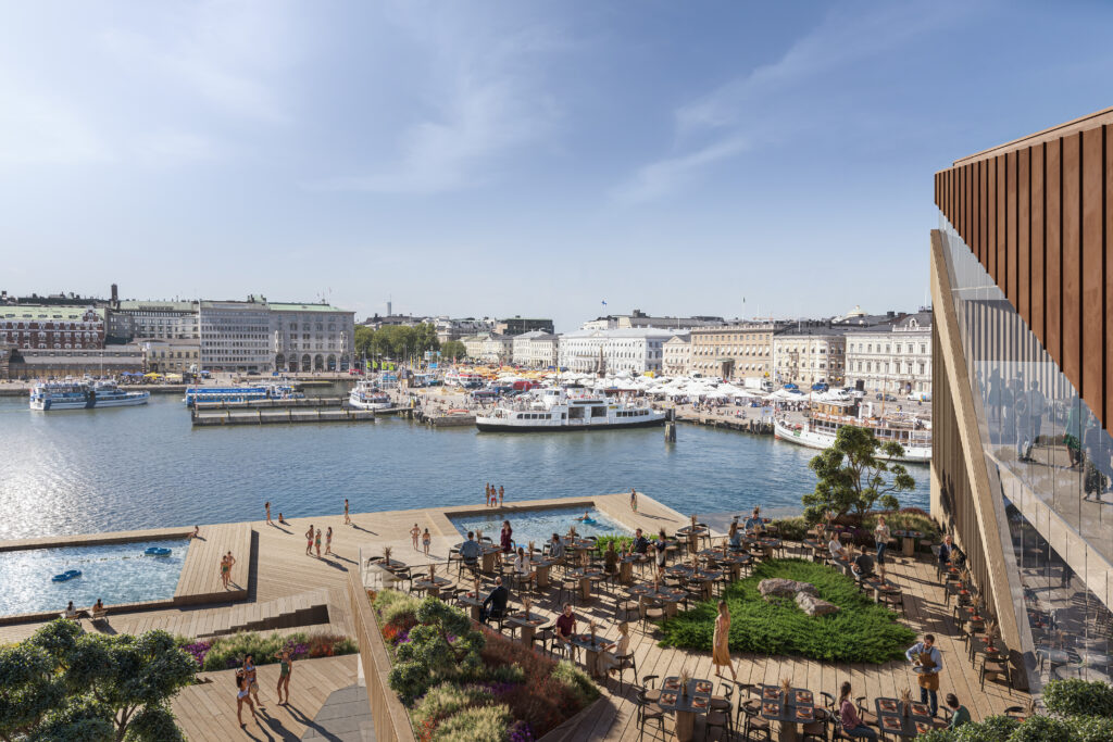 A terrace with people, floating pool deck and sea