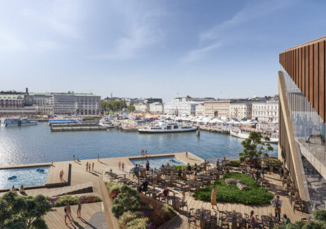 A terrace with people, floating pool deck and sea